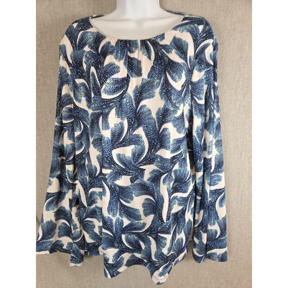 Chicos 3 Womens Tunic Blouse Ruched Neck Blue Geo Print Flowy Career Party